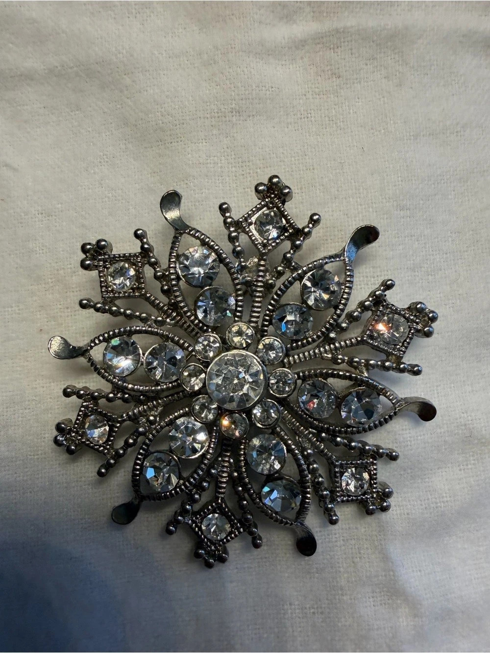 Crystal Floral Brooch Pin in Black & Silver